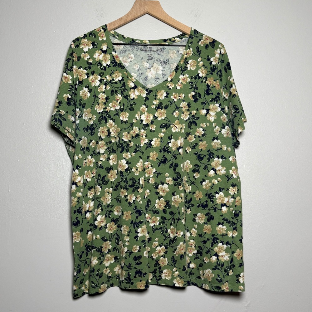 Woman Within Floral T-Shirt 18/20 Green Floral V-Neck Cotton‎ Basics